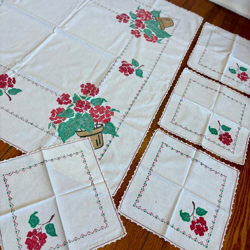 Vintage Hand Painted Tablecloth Napkin Set Red Flowers Cottage Style